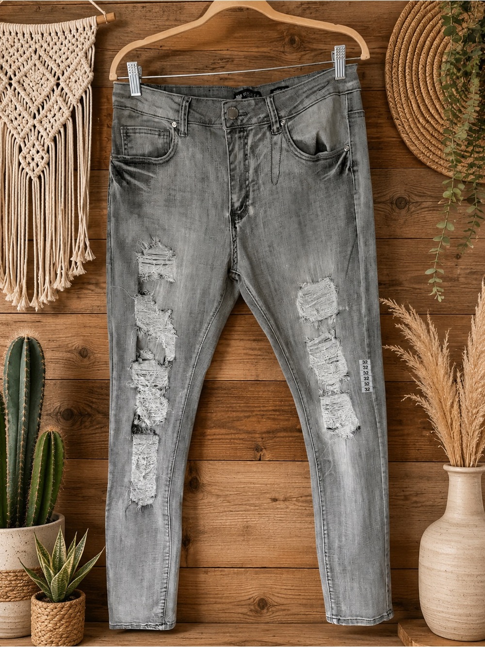 Waimea Skinny Fit Jeans 32x32 Gray Distressed Ripped Denim Mens Trendy Style
